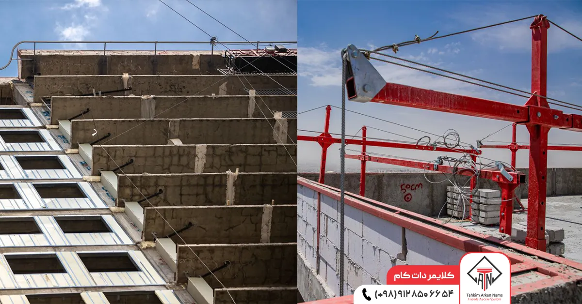 کلایمر مونوریل با استفاده از نصب ریل های ثابت بر روی لبه بام کار میکند (سمت چپ) در حالیکه کلایمر برقی/دستی را می‌توان بعد از انجام پروژه جمع آوری کرد (سمت راست)
